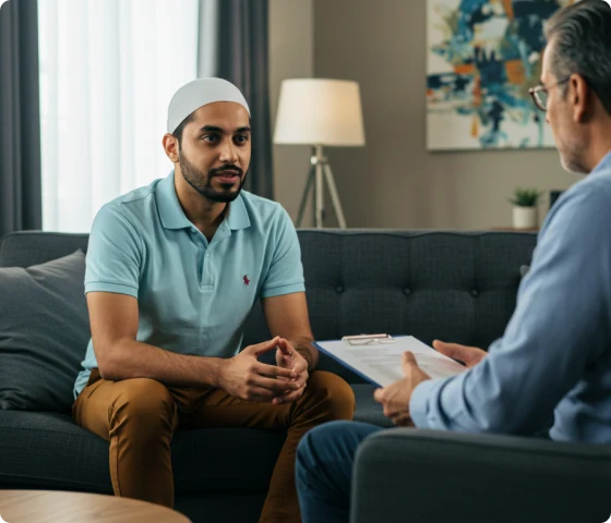 Bildet viser en muslimsk mann i samtale med en terapeut under en terapitime