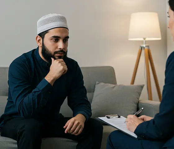 Bildet viser en muslimsk mann dypt i en samtale under terapitimene sine.