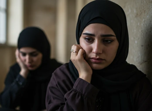 Det er et bilde av to muslimske kvinner som ser sorgrammede ut.