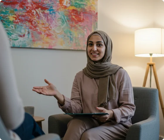 Bildet viser en muslimsk kvinne som gestikulerer lykkelig