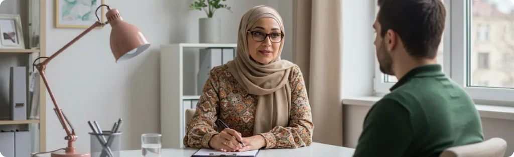 Bildet viser en muslimsk terapeut under en time med en mann