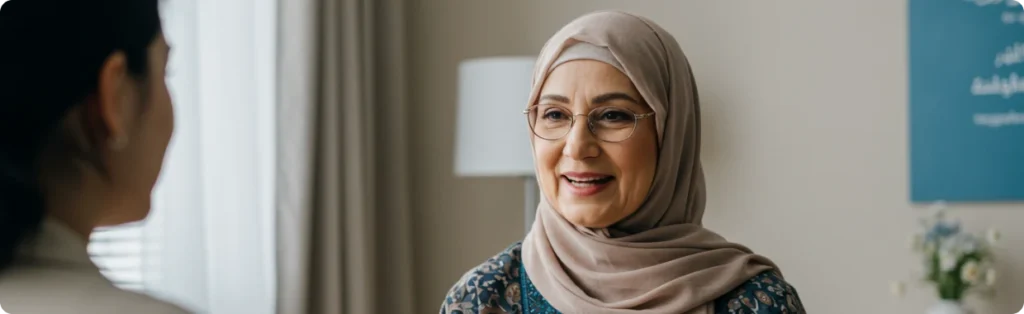 Bildet viser en muslimsk kvinne som smiler under en samtale