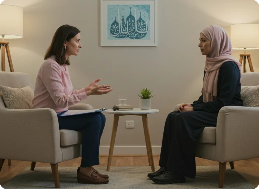 Bildet viser en muslimsk kvinne og en terapeut under en behandling.
